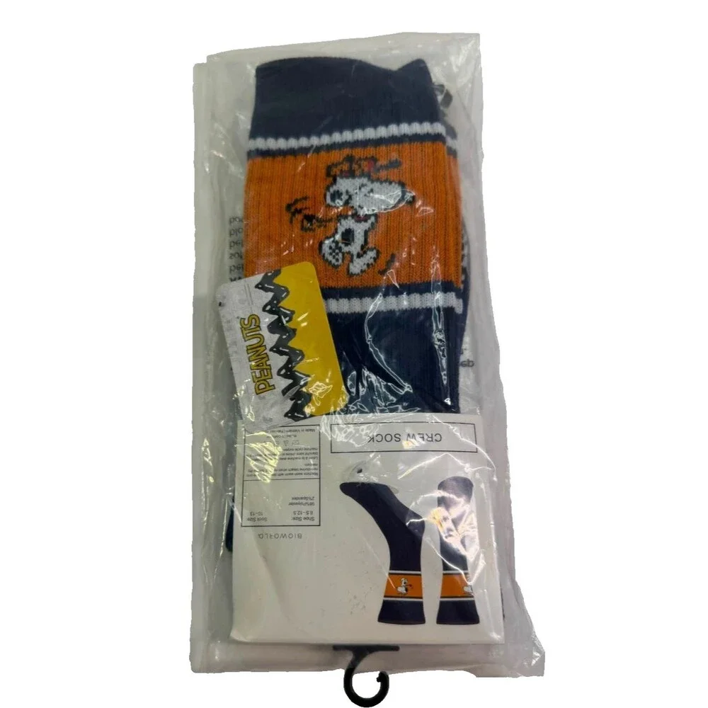 Bioworld Peanuts Snoopy Crew Socks Mens Sock Sz 10-13 Navy Blue with Orange Band